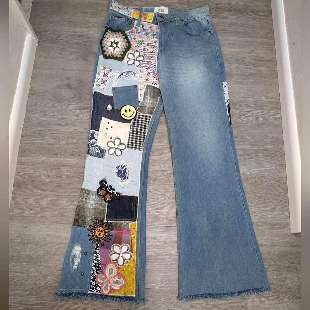 Urban Outfitters BDG Indigo Craft High Patchwork Flare Jeans Boho Hippie Sz 28
